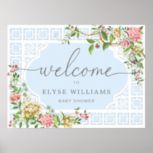 Blaue Chinoiserie-Blumen-Babyshower-Willkommenssch Poster