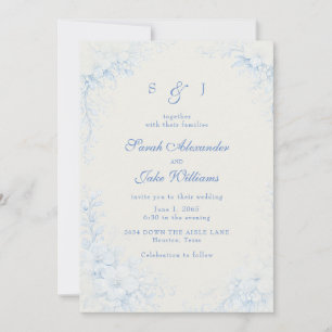 Blaue Chinoiserie-Blumen-Cream-Hochzeit Einladung