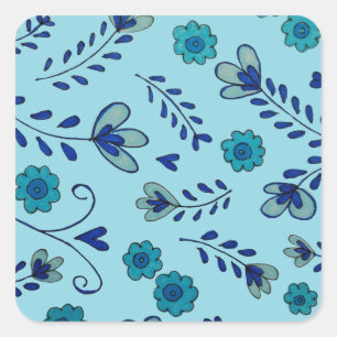 Blaue Chinoiserie-Blumen Quadratischer Aufkleber