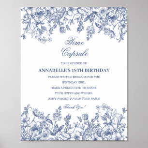 Blaue Chinoiserie-Blumen-Zeitkapsel-Baby-Geburtsta Poster