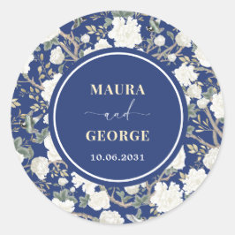 Blaue Chinoiserie Blumenvögel Hochzeit Runder Aufkleber