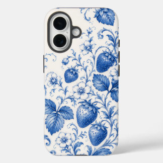 Blaue Chinoiserie-Erdbeer-Blumen-Handyhülle iPhone 16 Hülle