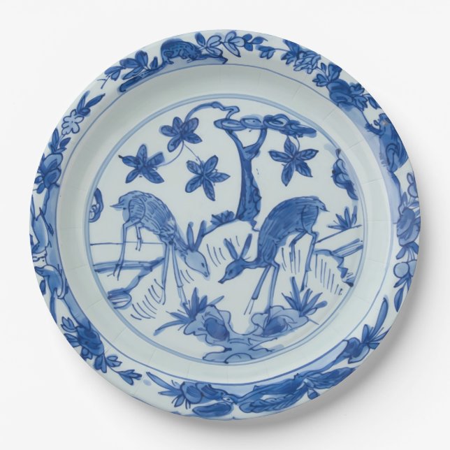 Blaue Chinoiserie Hirsche Imitate China Pappteller (Vorderseite)