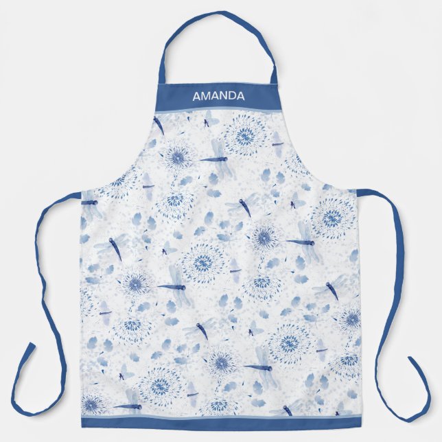 Blaue Chinoiserie Libellen und Blumen Schürze (Vorderseite)