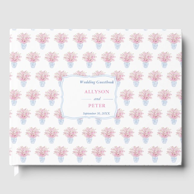 Blaue Chinoiserie mit rosa Blüten Hochzeit Gästebuch (Vorderseite)