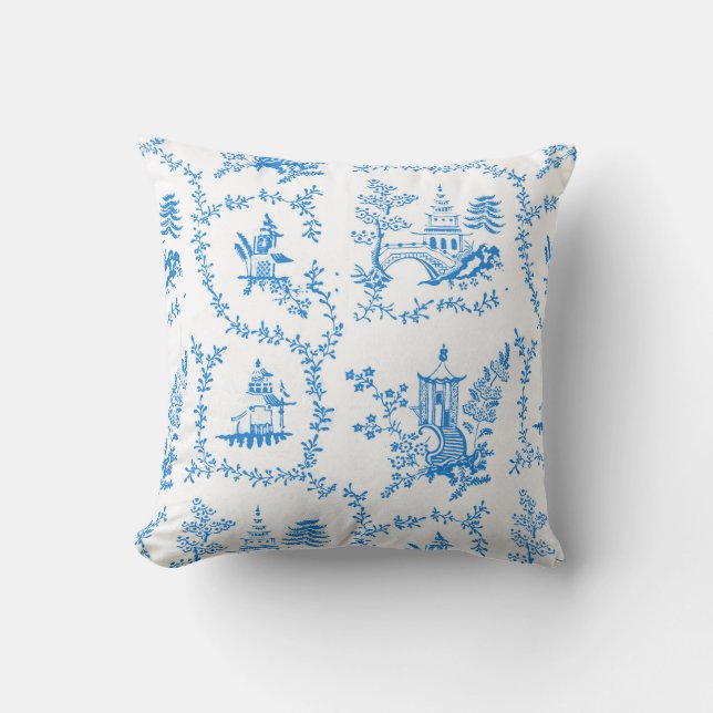Blaue Chinoiserie Pagoda Kissen (Vorderseite)