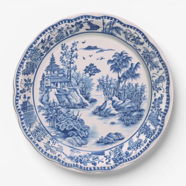 Blaue Chinoiserie Pagoda Pappteller (Vorderseite)