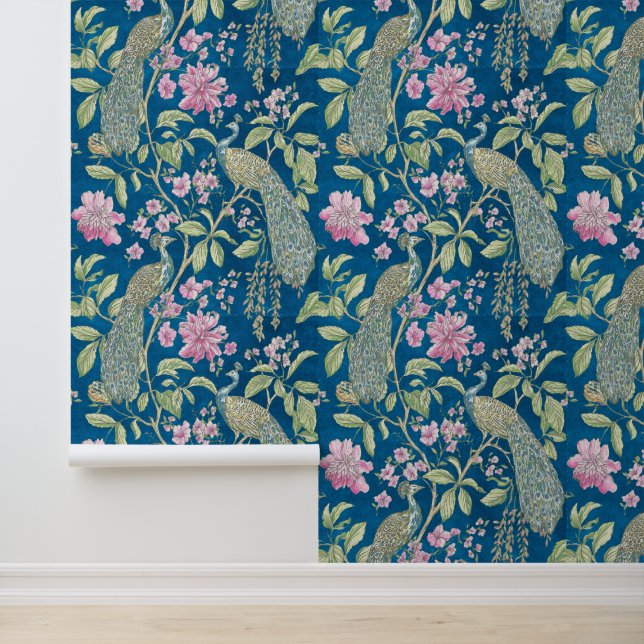 Blaue Chinoiserie Pfauenblume Tapete (Anwendung)