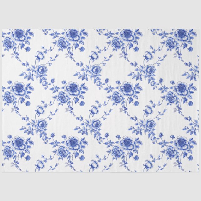 Blaue Chinoiserie Rose Peony Seidenpapier (Vorderseite)