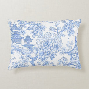 Blaue Chinoiserie-Toile-Drache-Kirschblüte Dekokissen