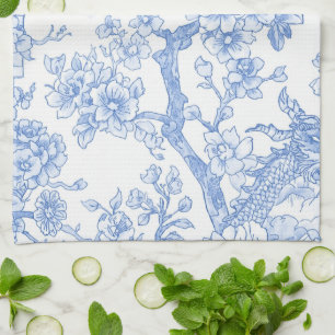 Blaue Chinoiserie-Toile-Drache-Kirschblüte Geschirrtuch