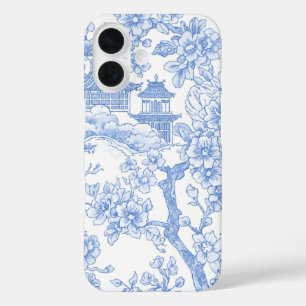 Blaue Chinoiserie-Toile-Drache-Kirschblüte iPhone 16 Hülle