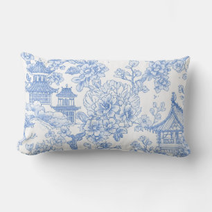 Blaue Chinoiserie-Toile-Drache Kirschblüte Lendenkissen