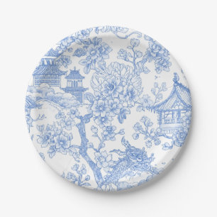 Blaue Chinoiserie-Toile-Drache Kirschblüte Pappteller