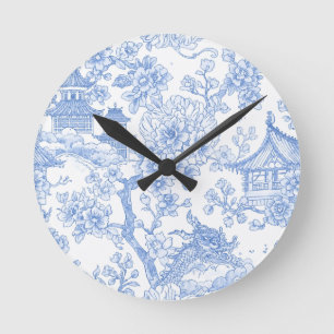 Blaue Chinoiserie-Toile-Drache Kirschblüte Runde Wanduhr