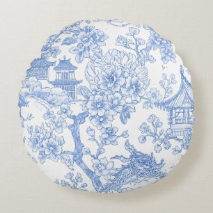 Blaue Chinoiserie-Toile-Drache-Kirschblüte Rundes Kissen