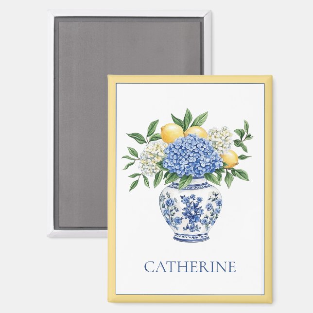 Blaue Chinoiserie Vase mit Hydrangeas Magnet (Vorderseite/Rückseite)