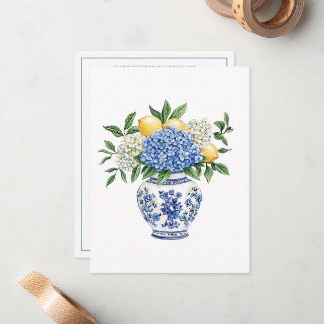 Blaue Chinoiserie Vase mit Hydrangeas Mitteilungskarte (Vorderseite/Rückseite Beispiel)
