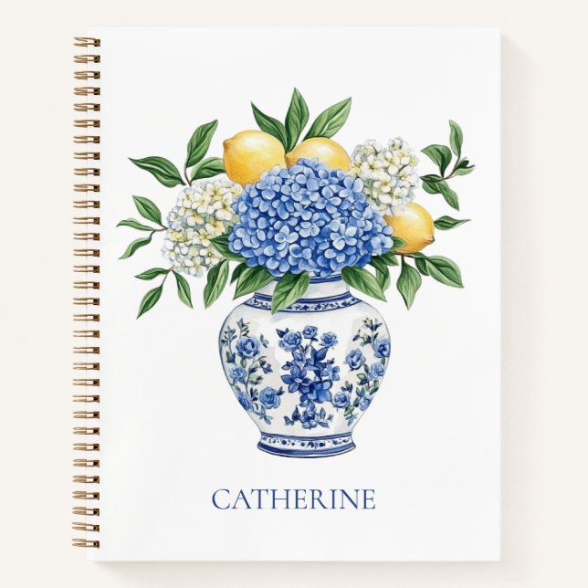 Blaue Chinoiserie Vase mit Hydrangeas Notizbuch (Vorderseite)