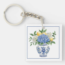 Blaue Chinoiserie Vase mit Hydrangeas Schlüsselanhänger