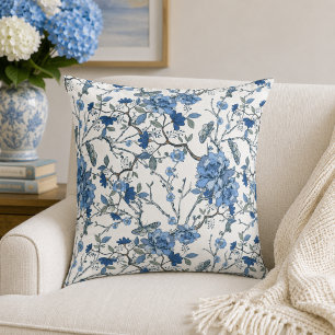 Blaue Chinoiserie Vintage Blumige Botanik Kissen