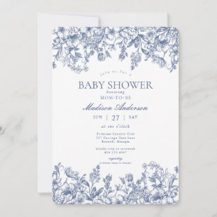 Blaue Chinoiserie Vintage Florale Babyparty Einladung