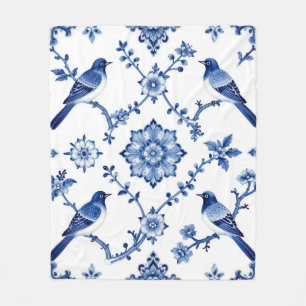 Blaue Chinoiserie-Vogel-Blumenmuster Fleecedecke