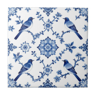 Blaue Chinoiserie-Vogel-Blumenmuster Fliese