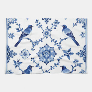 Blaue Chinoiserie-Vogel-Blumenmuster Geschirrtuch
