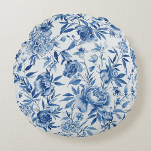 Blaue Chinoiserie-Wasserfarbe-Floral-Botanik Rundes Kissen