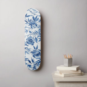 Blaue Chinoiserie-Wasserfarbe-Floral-Botanisch Skateboard