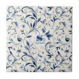 Blaue Chinoiserie-Wasserfarbe-Vine & Floral Fliese