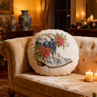 Blaue Chinoiserie Weihnachts-Cowgirl-Stiefel-Kisse Rundes Kissen
