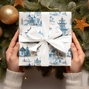 Blaue Chinoiserie-Weihnachtsdorf-Geschenkpapier Geschenkpapier