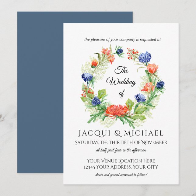 Blaue Chrysantheme-Distel-Kranz-Hochzeit n orange Einladung (Vorne/Hinten)