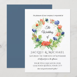 Blaue Chrysantheme-Distel-Kranz-Hochzeit n orange Einladung