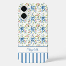 Blaue Coquette-Schleifen mit Blumen monogrammiert