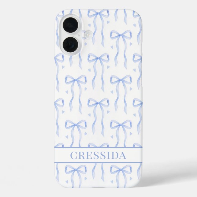Blaue Coquette-Schleifen Monogramm iPhone 16 Plus Hülle (Rückseite)