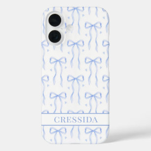 Blaue Coquette-Schleifen monogrammiert iPhone 16 Hülle