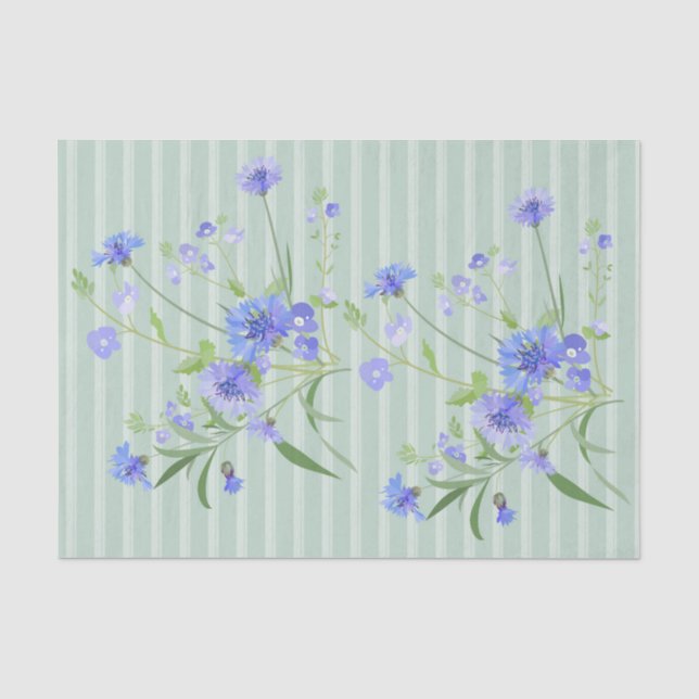 Blaue Cornflowers auf Streifen-Blumenseidenpapier Seidenpapier (Vorderseite)