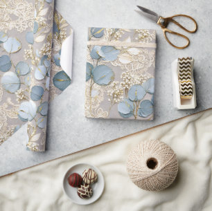 Blaue Crem Florale Gold Elegant Geschenkpapier