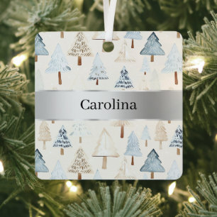 Blaue Creme Bäume Silbernes Band Weihnachten Ornament Aus Metall