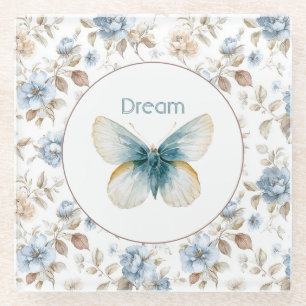 Blaue Creme Beige Braune Blumen Schmetterling Glasuntersetzer