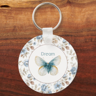 Blaue Creme Beige Braune Blumen Schmetterling Schlüsselanhänger