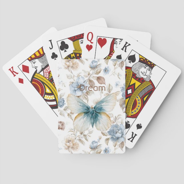 Blaue Creme Beige Braune Blumen Schmetterling Spielkarten (Rückseite)