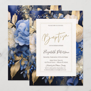 Blaue Creme Blume Taufe Einladung