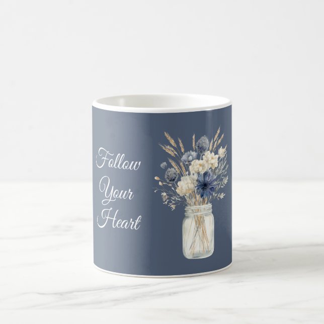 Blaue Creme Blumen Glas Kaffeetasse (Mittel)