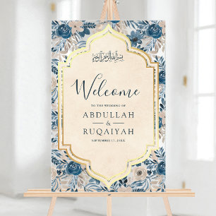 Blaue Creme Blumen Gold Muslimische Hochzeitsbegrü Acrylschild