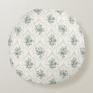 Blaue Creme Blumen Handschrift Rundes Kissen