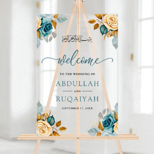 Blaue Creme Blumen Muslimische Hochzeitsbegrüßung Acrylschild